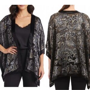 J. Jill Black Velvet Ruana Floral Semi Sheer Dark Fairy Witchy Kimono Size Large